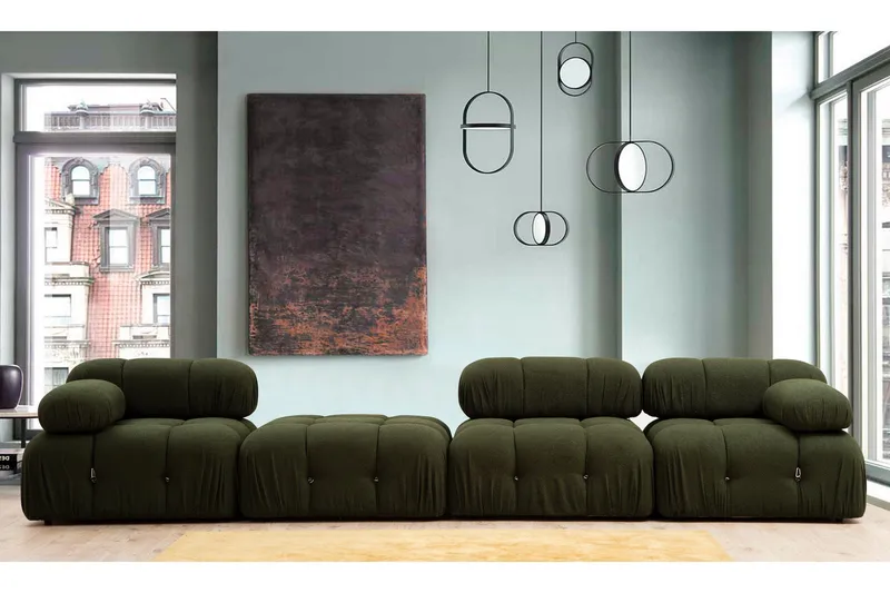 Belgin Bubblig Divansoffa 3-sits 288 cm med fasta armstöd och repdetaljer - Grön - Möbler - Soffa - Divansoffa & schäslongsoffa - 3 sits soffa med divan