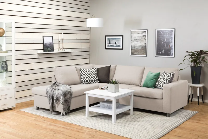 Crazy 3-sits Vänstervänd L-formad Schäslongsoffa i Tyg - Beige - Möbler - Soffa - Divansoffa & schäslongsoffa - 3 sits soffa med divan