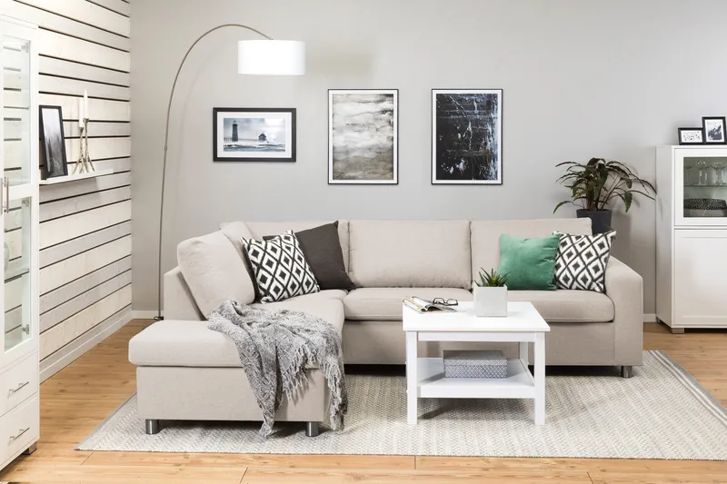 Crazy 3-sits Vänstervänd L-formad Schäslongsoffa i Tyg - Beige - Möbler - Soffa - Divansoffa & schäslongsoffa - 3 sits soffa med divan