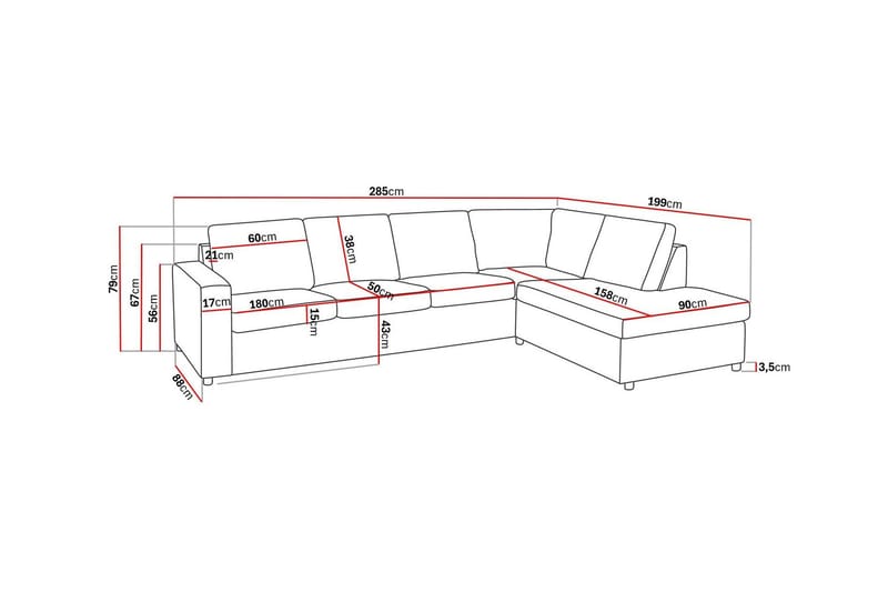 Crazy 4-sits Högervänd L-formad Schäslongsoffa i Tyg - Antracit - Möbler - Soffa - Divansoffa & schäslongsoffa - 3 sits soffa med divan