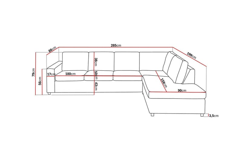 Crazy 4-sits Högervänd L-formad Schäslongsoffa i Tyg - Antracit - Möbler - Soffa - Divansoffa & schäslongsoffa - 3 sits soffa med divan