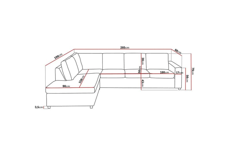 Crazy 4-sits Vänstervänd L-formad Schäslongsoffa i Tyg - Antracit - Möbler - Soffa - Divansoffa & schäslongsoffa - 3 sits soffa med divan