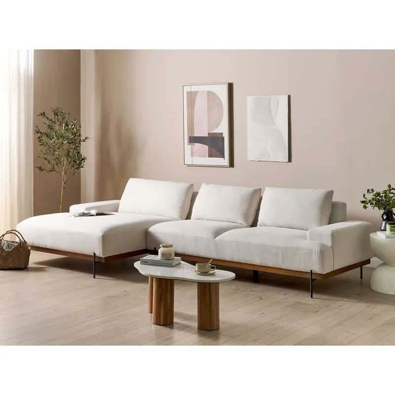Hörnsoffa Mariferd - Beige, svart, mörkt trä/Högervänd - Möbler - Soffa - Divansoffa & schäslongsoffa - 3 sits soffa med divan