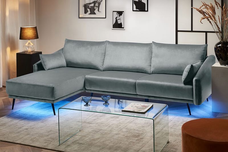 Hörnsoffa Zaney Höger med LED-Belysning Sammet - Grå - Möbler - Soffa - Divansoffa & schäslongsoffa - 3 sits soffa med divan
