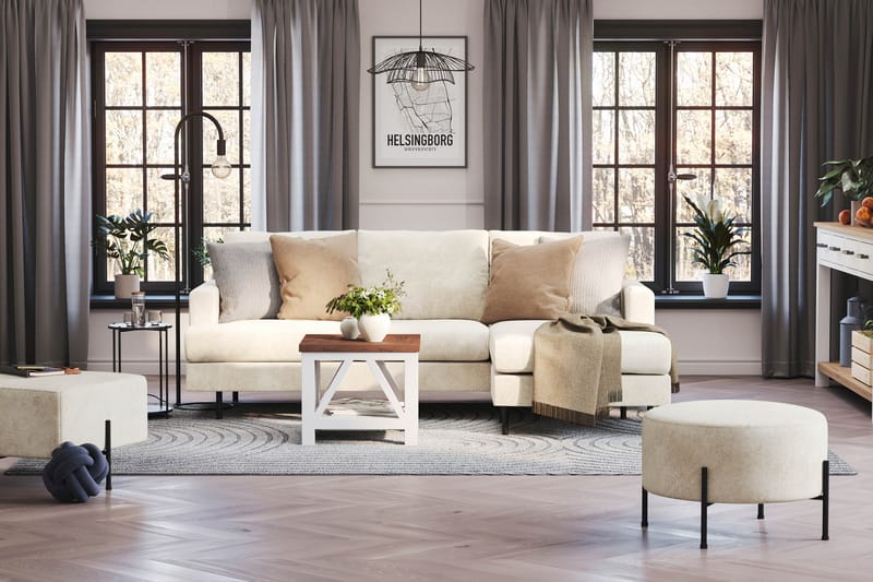 Menard Compact 3-sits Högervänd L-formad Divansoffa i Sammet - Krämvit - Möbler - Soffa - Divansoffa & schäslongsoffa - 3 sits soffa med divan