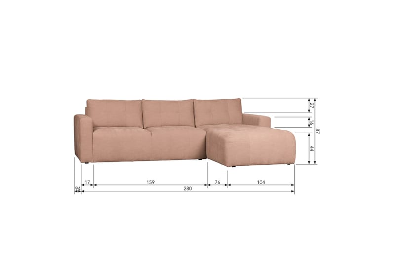 3-Sits Soffa Neukir Höger - Rosa - 3 sits soffa med divan - Divansoffa & schäslongsoffa