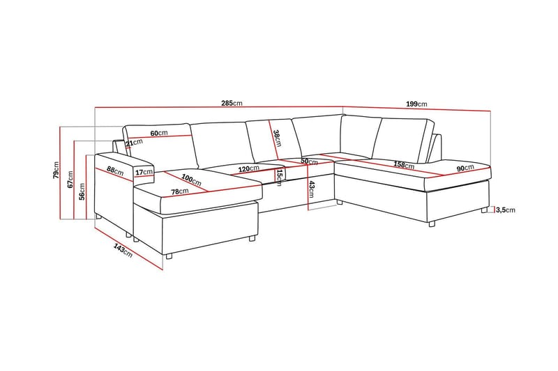 Crazy 4-sits Högervänd U-formad Large Soffa med Divan och Schäslong i Tyg - Antracit - Möbler - Soffa - Divansoffa & schäslongsoffa - 4 sits soffa med divan