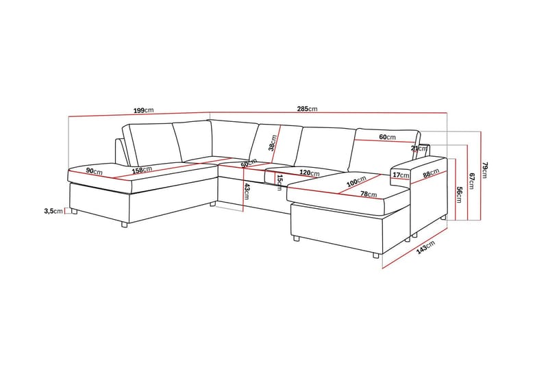 Crazy 4-sits Vänstervänd U-formad Large Soffa med Divan och Schäslong i Tyg - Antracit - Möbler - Soffa - Divansoffa & schäslongsoffa - 4 sits soffa med divan