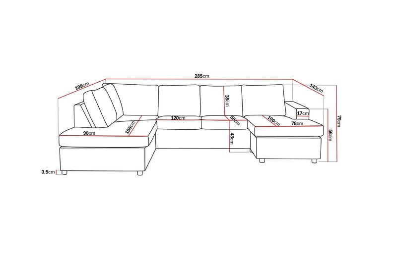 Crazy 4-sits Vänstervänd U-formad Large Soffa med Divan och Schäslong i Tyg - Antracit - Möbler - Soffa - Divansoffa & schäslongsoffa - 4 sits soffa med divan