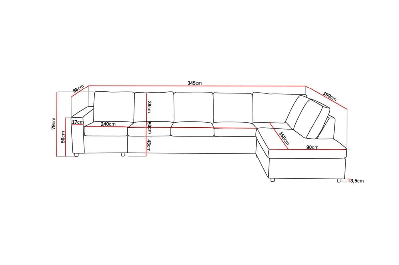 Crazy 5-sits Högervänd L-formad Schäslongsoffa i Tyg - Antracit - Möbler - Soffa - Divansoffa & schäslongsoffa - 4 sits soffa med divan