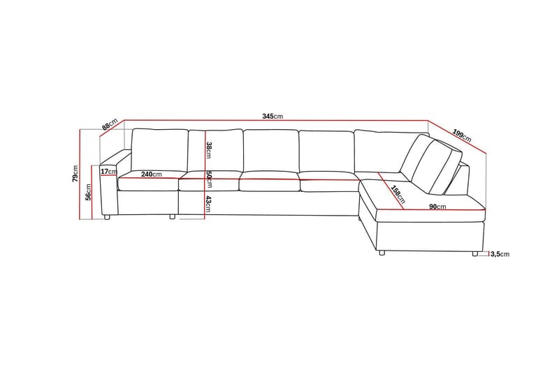 Crazy 5-sits Högervänd L-formad Schäslongsoffa i Tyg - Antracit - Möbler - Soffa - Divansoffa & schäslongsoffa - 4 sits soffa med divan
