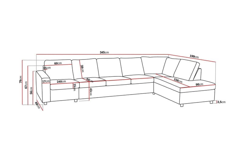 Crazy 5-sits Högervänd L-formad Schäslongsoffa i Tyg - Antracit - Möbler - Soffa - Divansoffa & schäslongsoffa - 4 sits soffa med divan