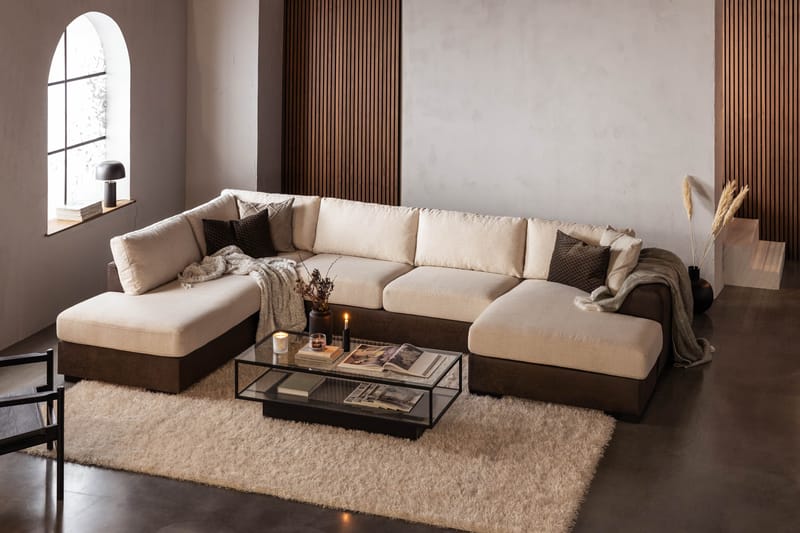 Cuba 5-sits Vänstervänd U-formad Soffa med Divan och Schäslong i Konstläder/Tyg - Brun / Beige - Möbler - Soffa - U-soffa