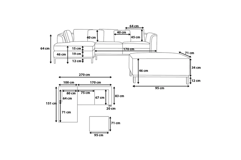 Dugard Hörnsoffa Höger + Fotpall - Svart/Läder - Möbler - Soffa - Divansoffa & schäslongsoffa - 4 sits soffa med divan