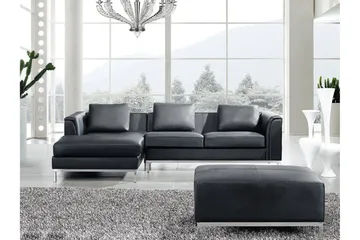 Dugard Hörnsoffa Höger + Fotpall - Svart/Läder - Möbler - Soffa - Divansoffa & schäslongsoffa - 4 sits soffa med divan