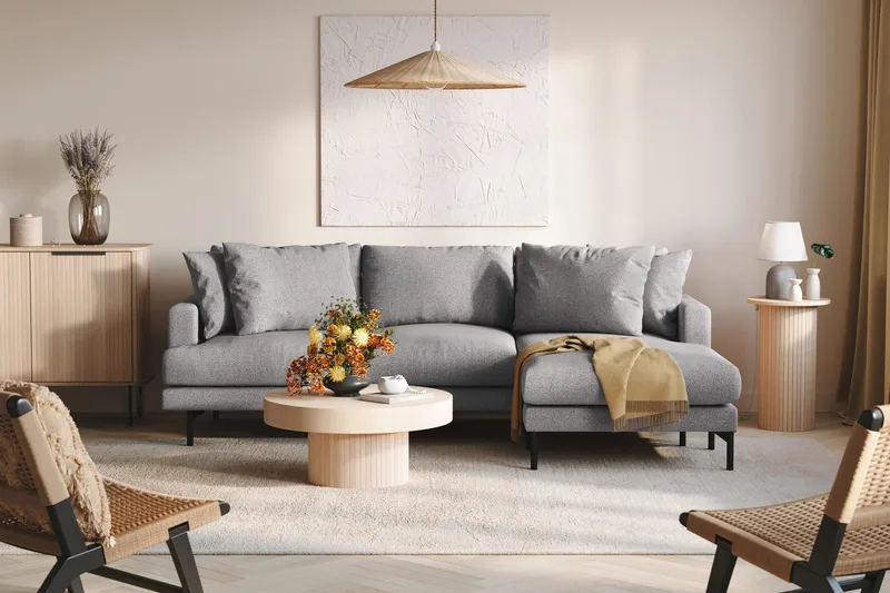 Menard 3-sits Högervänd L-formad Divansoffa i Tyg - Grå - Möbler - Soffa - Divansoffa & schäslongsoffa - 3 sits soffa med divan
