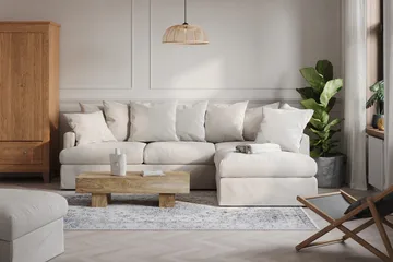 Menard 4-sits Högervänd L-formad Schäslongsoffa i Tyg - Beige - Möbler - Soffa - Divansoffa & schäslongsoffa - 4 sits soffa med divan