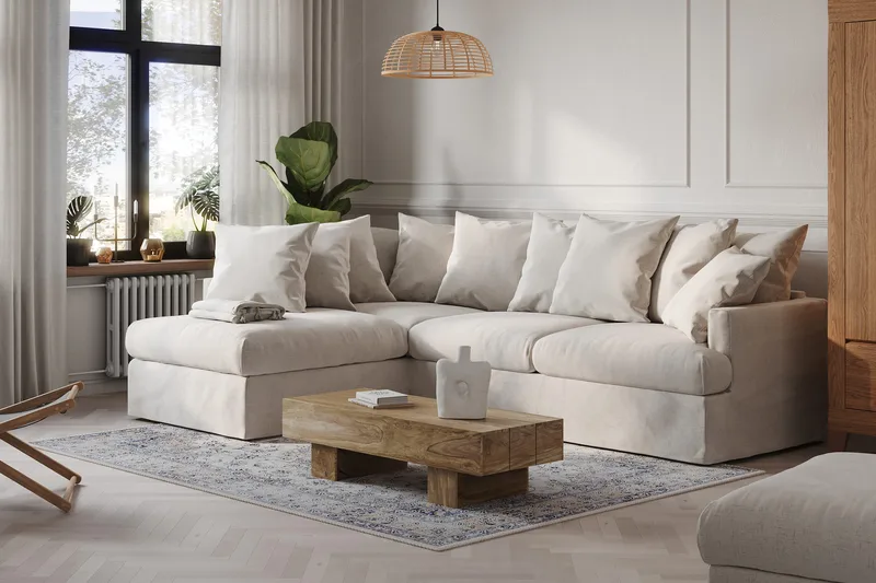 Menard 4-sits Vänstervänd L-formad Djup Schäslongsoffa i Tyg - Beige - Möbler - Soffa - Divansoffa & schäslongsoffa - 4 sits soffa med divan