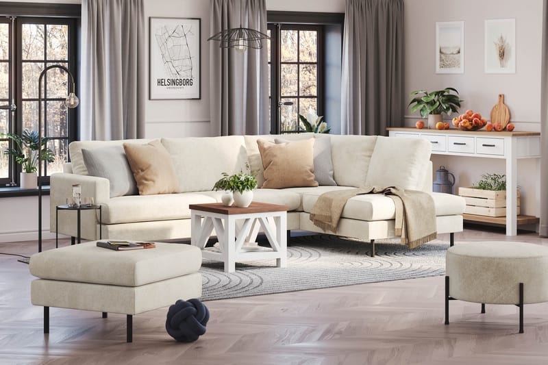 Menard Compact 4-sits Högervänd L-formad Schäslongsoffa i Sammet - Krämvit - Möbler - Soffa - Divansoffa & schäslongsoffa - 4 sits soffa med divan
