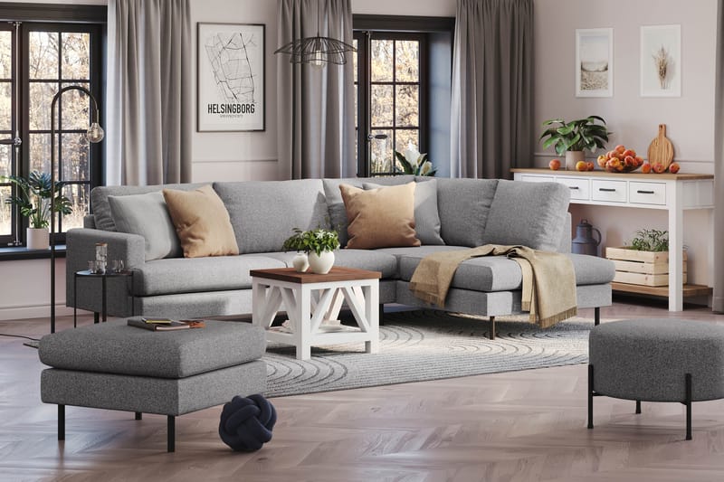 Menard Compact 4-sits Högervänd L-formad Schäslongsoffa i Tyg - Grå - Möbler - Soffa - Divansoffa & schäslongsoffa - 4 sits soffa med divan