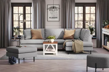 Menard Compact 4-sits Högervänd L-formad Schäslongsoffa i Tyg - Grå - Möbler - Soffa - Divansoffa & schäslongsoffa - 4 sits soffa med divan