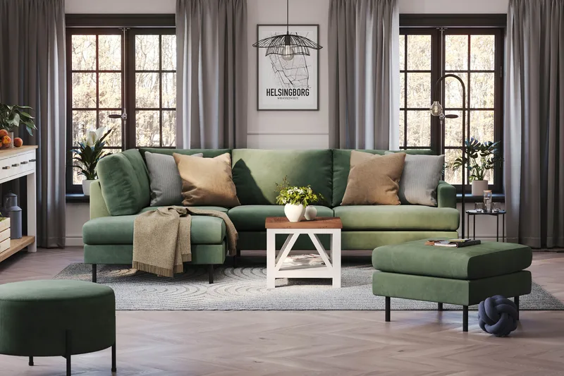 Menard Compact 4-sits Vänstervänd L-formad Schäslongsoffa i Manchester - Grön - Möbler - Soffa - Divansoffa & schäslongsoffa - 4 sits soffa med divan