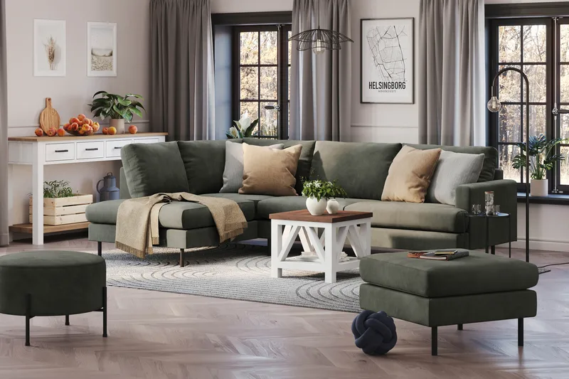 Menard Compact 4-sits Vänstervänd L-formad Schäslongsoffa i Manchester - Mörkgrön - Möbler - Soffa - Divansoffa & schäslongsoffa - 4 sits soffa med divan