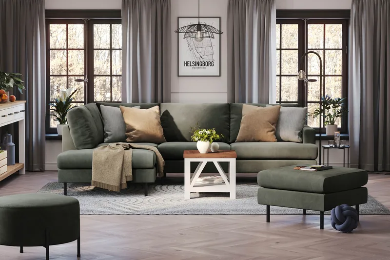 Menard Compact 4-sits Vänstervänd L-formad Schäslongsoffa i Manchester - Mörkgrön - Möbler - Soffa - Divansoffa & schäslongsoffa - 4 sits soffa med divan