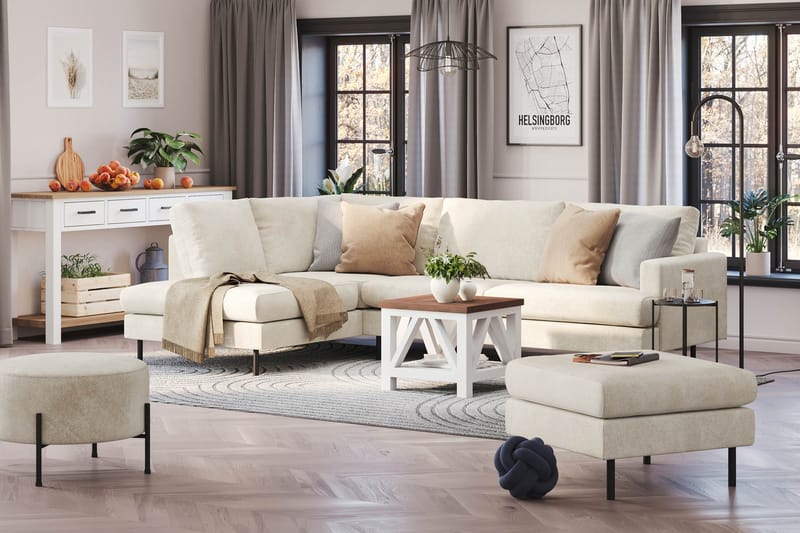 Menard Compact 4-sits Vänstervänd L-formad Schäslongsoffa i Sammet - Krämvit - Möbler - Soffa - Divansoffa & schäslongsoffa - 4 sits soffa med divan
