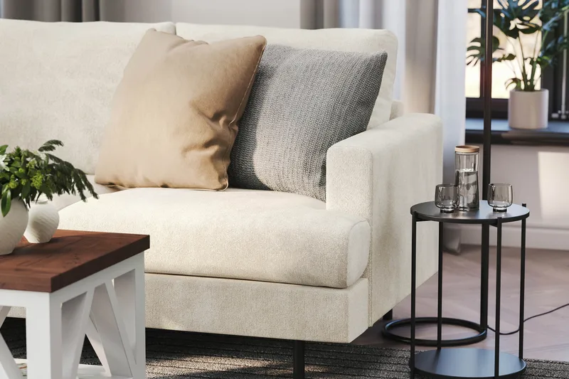 Menard Compact 4-sits Vänstervänd L-formad Schäslongsoffa i Sammet - Krämvit - Möbler - Soffa - Divansoffa & schäslongsoffa - 4 sits soffa med divan