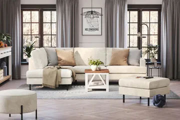 Menard Compact 4-sits Vänstervänd L-formad Schäslongsoffa i Sammet - Krämvit - Möbler - Soffa - Divansoffa & schäslongsoffa - 4 sits soffa med divan