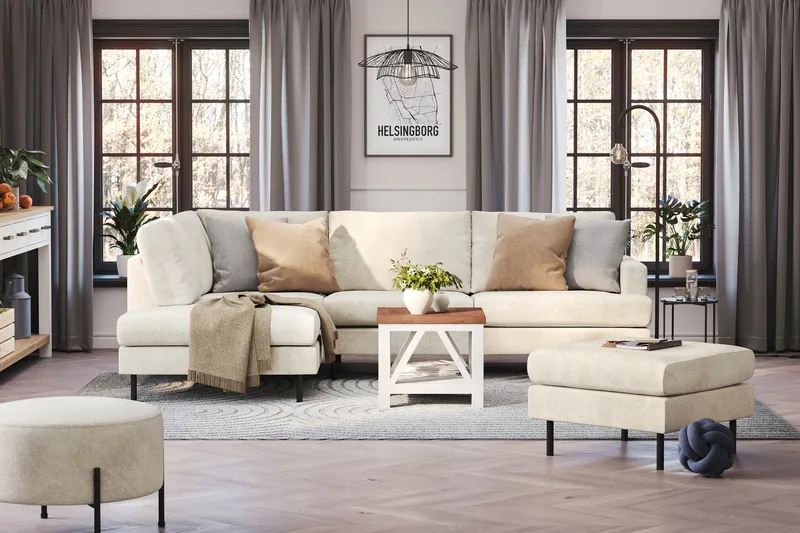 Menard Compact 4-sits Vänstervänd L-formad Schäslongsoffa i Sammet - Krämvit - Möbler - Soffa - Divansoffa & schäslongsoffa - 4 sits soffa med divan