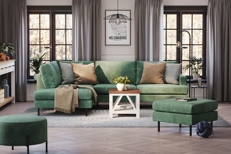 Menard Compact 4-sits Vänstervänd L-formad Schäslongsoffa i Sammet - Mörkgrön - Möbler - Soffa - Divansoffa & schäslongsoffa - 4 sits soffa med divan