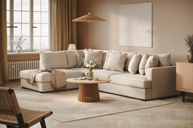 Rossita 4-sits Vänstervänd L-formad Djup Schäslongsoffa i Tyg - Beige - Möbler - Soffa - Divansoffa & schäslongsoffa - 4 sits soffa med divan