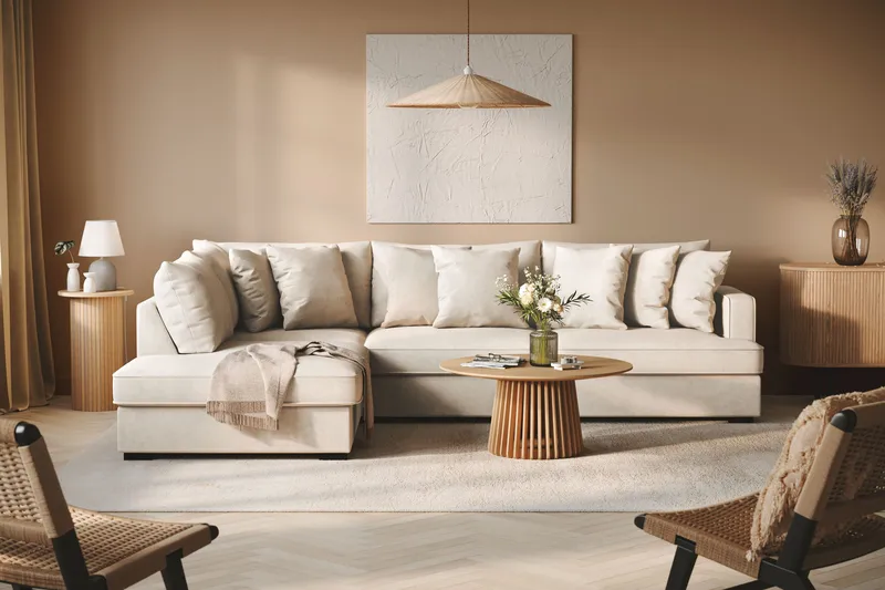 Rossita 4-sits Vänstervänd L-formad Djup Schäslongsoffa i Tyg - Beige - Möbler - Soffa - Divansoffa & schäslongsoffa - 4 sits soffa med divan