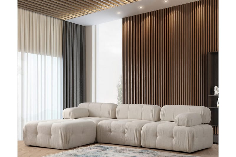 Bubblig Divansoffa 3-sits Belgin 315 cm med utfällbara armstöd och ryggstöd - Ljusbeige - Möbler - Soffa - Divansoffa & schäslongsoffa - 4 sits soffa med divan