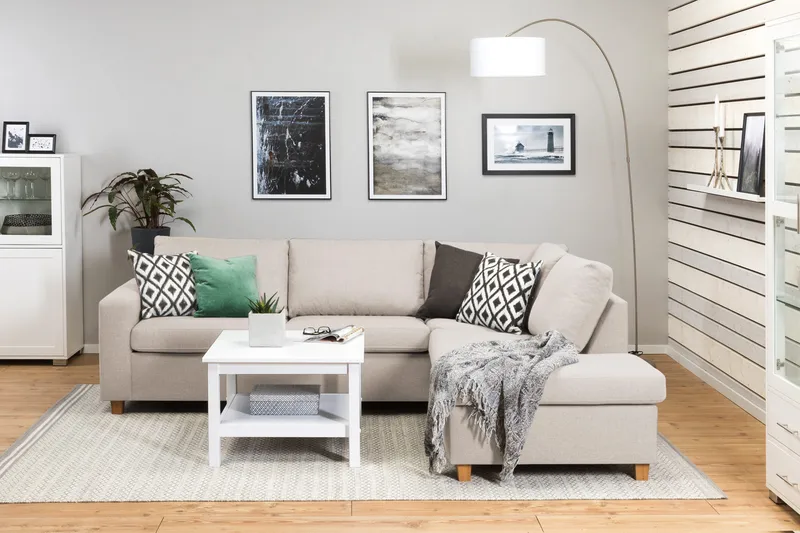 Crazy 3-sits Högervänd L-formad Schäslongsoffa i Tyg - Beige - Möbler - Soffa - Divansoffa & schäslongsoffa - 3 sits soffa med divan