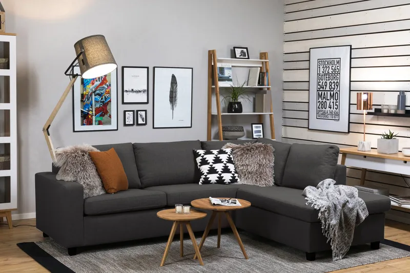 Crazy 3-sits Högervänd L-formad Schäslongsoffa i Tyg - Mörkgrå - Möbler - Soffa - Divansoffa & schäslongsoffa