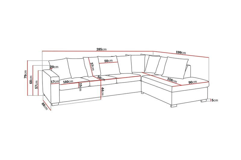 Crazy 4-sits Högervänd L-formad Schäslongsoffa i Tyg inkl Kuvertkuddar - Grå - Möbler - Soffa - Divansoffa & schäslongsoffa - 4 sits soffa med divan