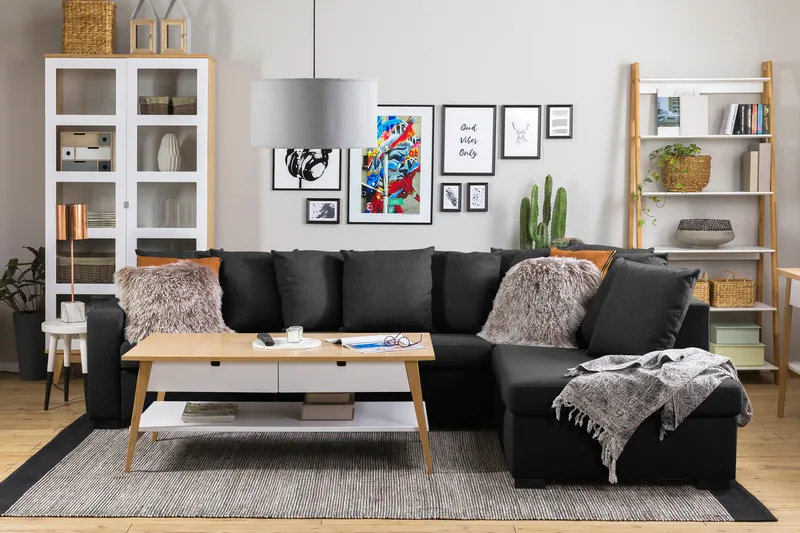 Crazy 4-sits Högervänd L-formad Schäslongsoffa i Tyg inkl Kuvertkuddar - Mörkgrå - Möbler - Soffa - Divansoffa & schäslongsoffa - 4 sits soffa med divan