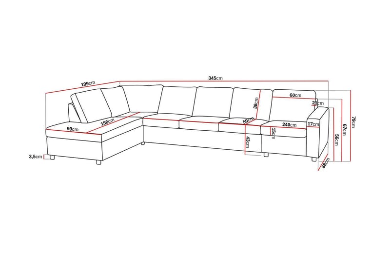 Crazy 5-sits Vänstervänd L-formad Schäslongsoffa i Tyg - Antracit - Möbler - Soffa - Divansoffa & schäslongsoffa - 4 sits soffa med divan