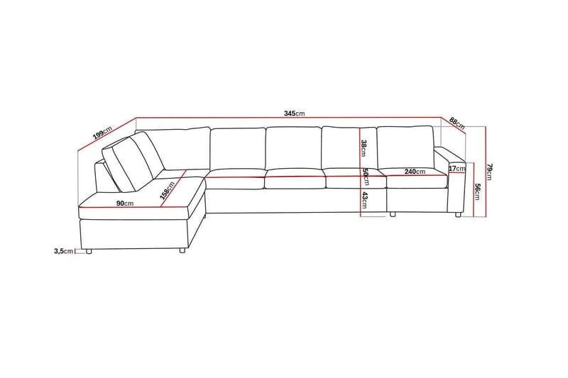 Crazy 5-sits Vänstervänd L-formad Schäslongsoffa i Tyg - Antracit - Möbler - Soffa - Divansoffa & schäslongsoffa - 4 sits soffa med divan