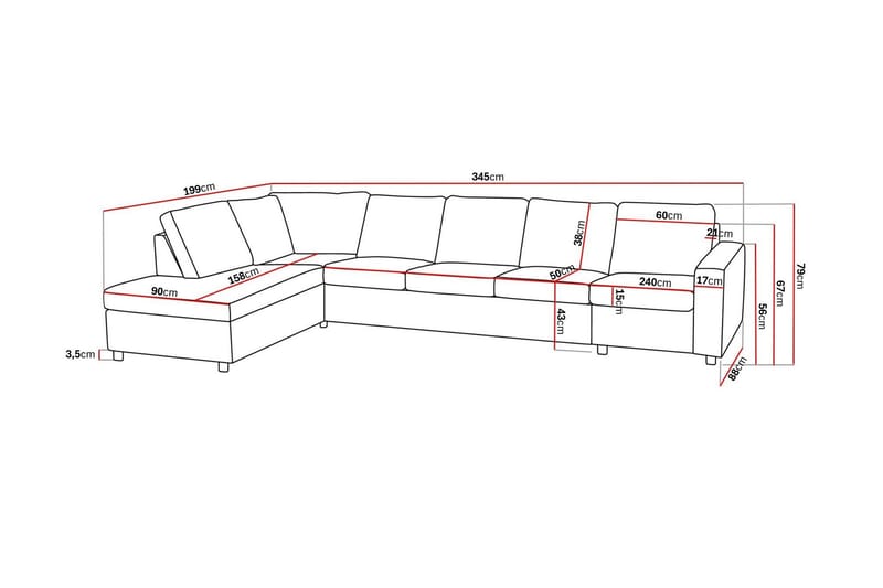 Crazy 5-sits Vänstervänd L-formad Schäslongsoffa i Tyg - Antracit - Möbler - Soffa - Divansoffa & schäslongsoffa - 4 sits soffa med divan