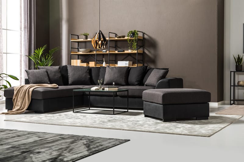 Cuba 4-sits Högervänd L-formad Schäslongsoffa i Konstläder/Tyg inkl Kuvertkuddar - Svart / Grå - Möbler - Soffa - Divansoffa & schäslongsoffa - 4 sits soffa med divan