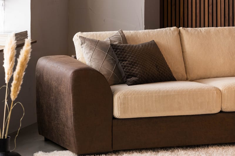 Cuba 4-sits Högervänd L-formad Schäslongsoffa i Manchester/Konstläder - Brun / Beige - Möbler - Soffa - Divansoffa & schäslongsoffa - 4 sits soffa med divan