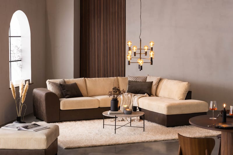 Cuba 4-sits Högervänd L-formad Schäslongsoffa i Manchester/Konstläder - Brun / Beige - Möbler - Soffa - Divansoffa & schäslongsoffa - 4 sits soffa med divan