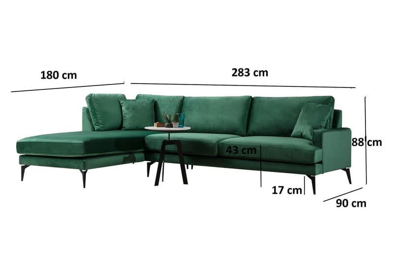 Divansoffa Naiomy - Grön/Svart - 4 sits soffa med divan - Divansoffa & schäslongsoffa