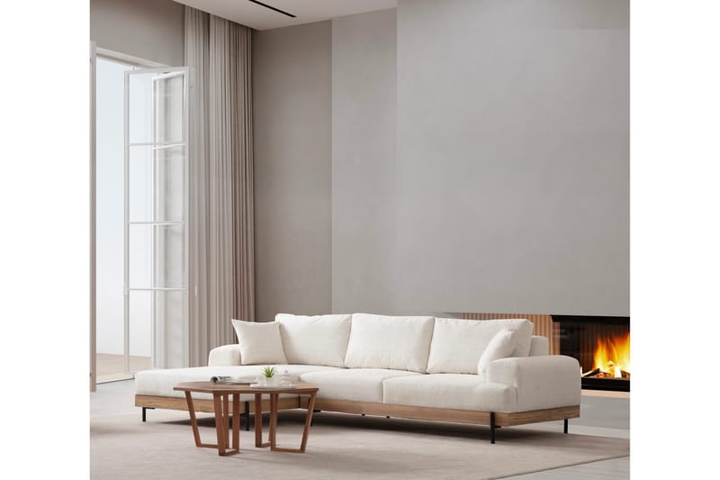 Eti 3-sits Hörnsoffa Vänster med Schäslong i Tyg och Träunderrede - Vit - Möbler - Soffa - Divansoffa & schäslongsoffa - 4 sits soffa med divan