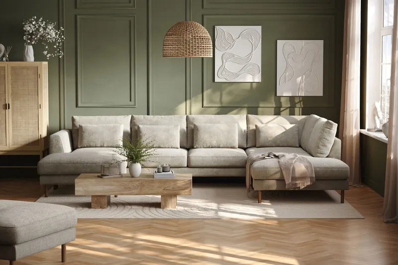 Florenz 4-sits Högervänd U-formad Soffa med Divan och Schäslong i Chenille - Grå / Beige - Möbler - Soffa - Divansoffa & schäslongsoffa - 4 sits soffa med divan