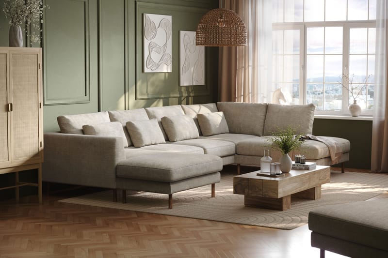 Florenz 4-sits Högervänd U-formad Soffa med Divan och Schäslong i Chenille - Grå / Beige - Möbler - Soffa - Divansoffa & schäslongsoffa - 4 sits soffa med divan